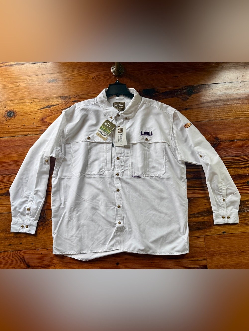 Drake White Short-Sleeve Button Down Shirt with Purple LSU Logo